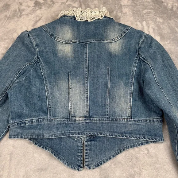Vintage 90s Y2k Denim Jacket Womens Sz 12 Lace Fairy Whimsygoth Embroidered - Picture 13 of 13